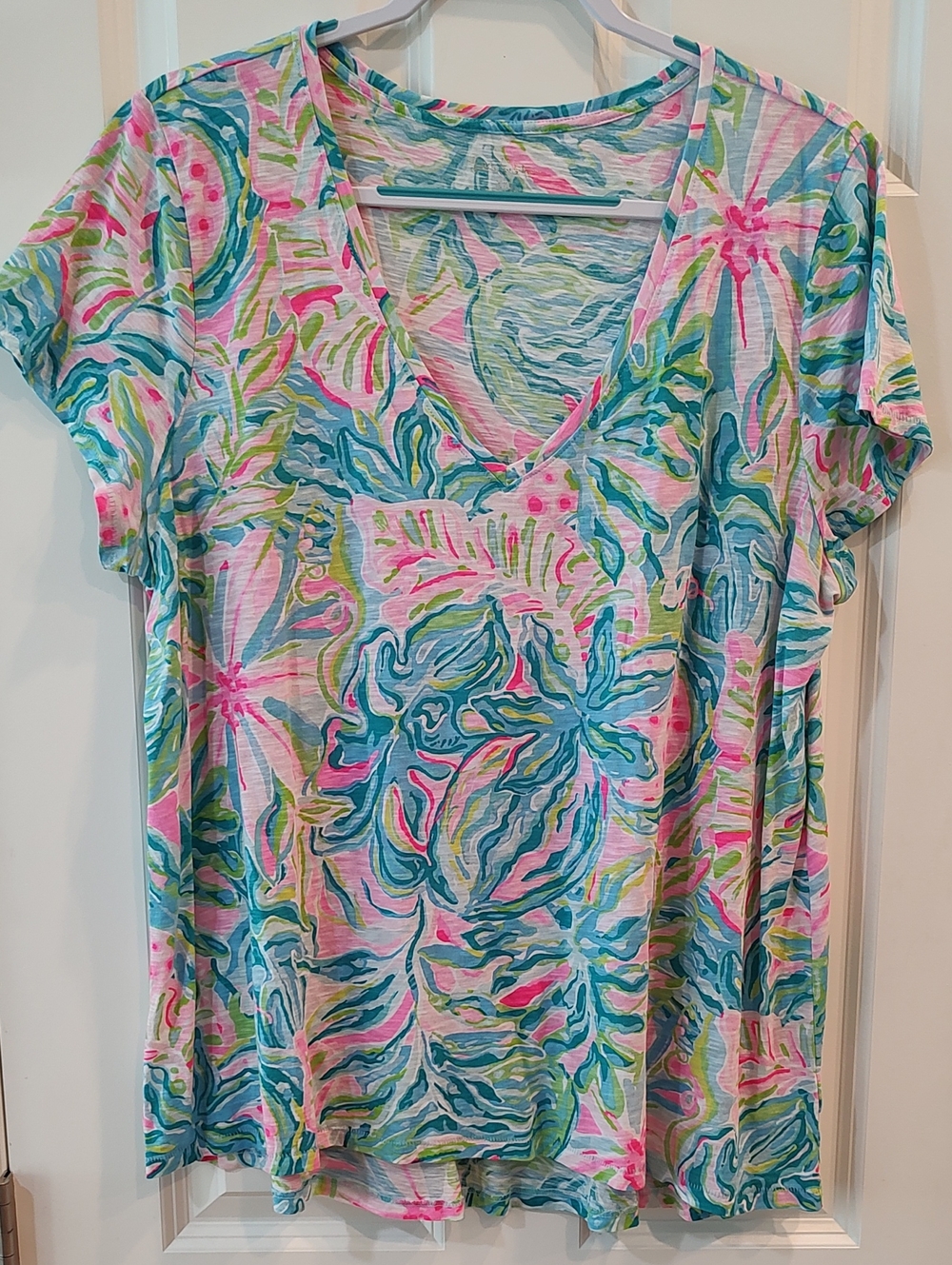 Lilly Pulitzer V-Neck Short Sleeve Top in Turquoise, Pink & Green